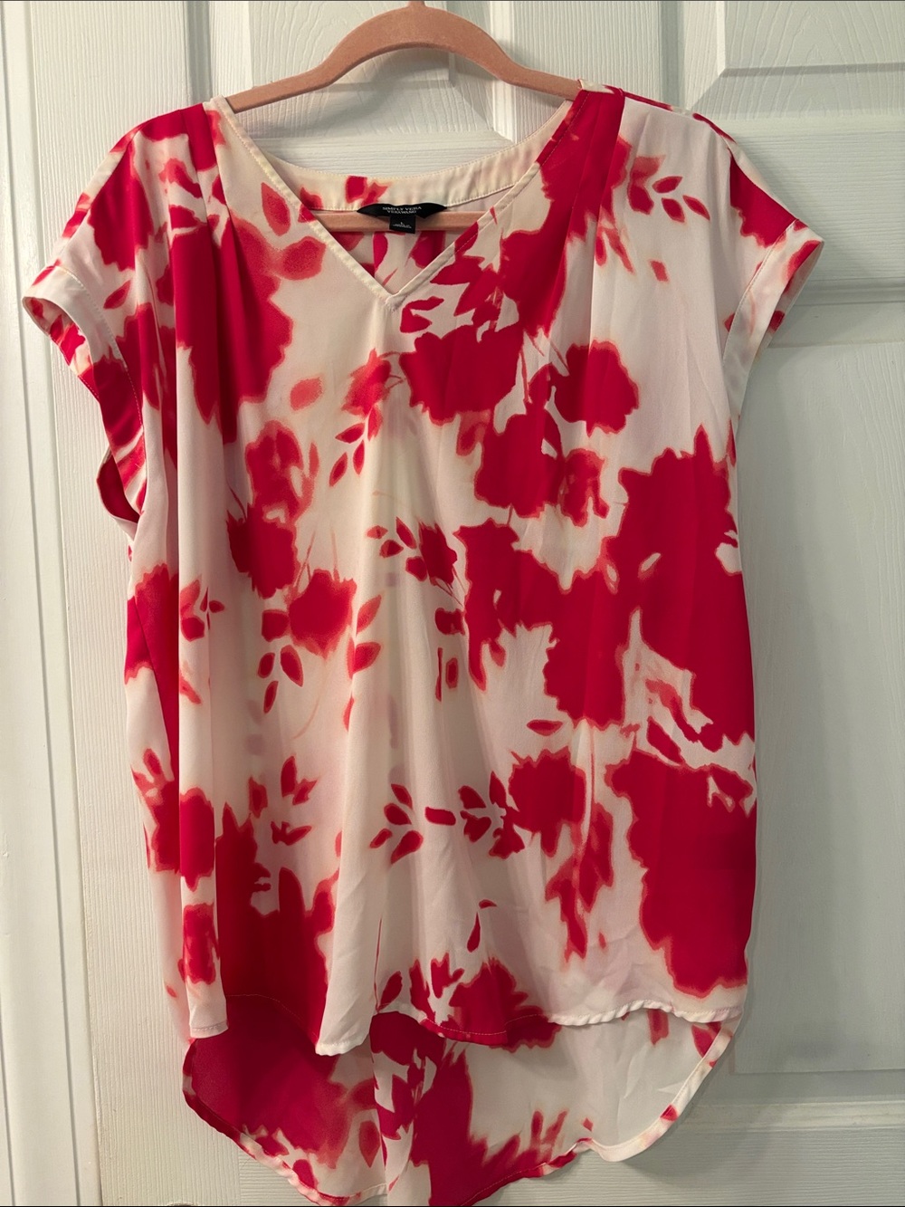 Simply Vera Vera Wang Pink Floral V-Neck  Short Sleeve Tunic Blouse Sz L